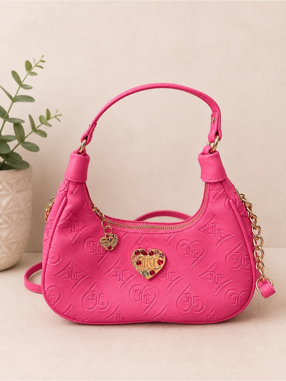 Juicy Couture Hot Pink Embossed Mini Hobo Crossbody Bag